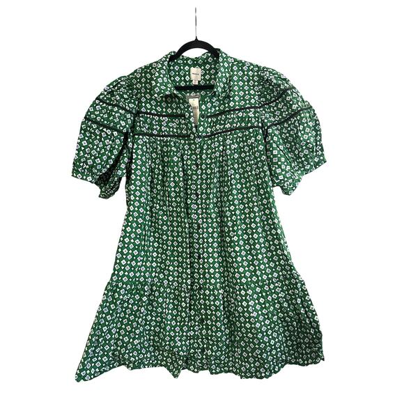 ANTHROPOLOGIE Maeve The Leandra Shirred Yoke Mini Dress Green Motif - Sz 2X NWT - Picture 2 of 6